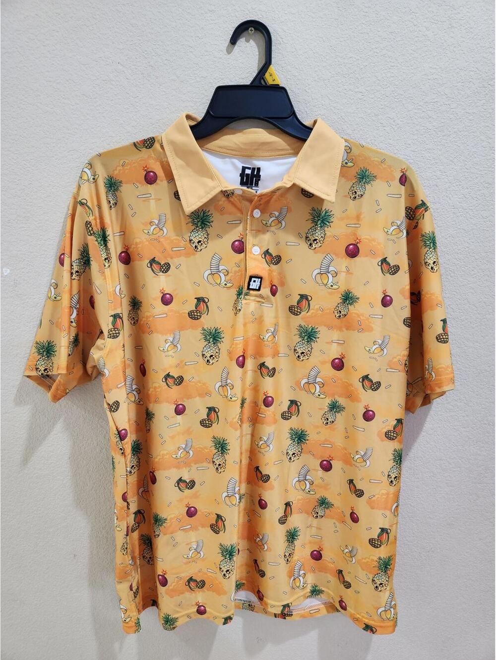 Greater Half Button-up performance Polo Shirt Golf Size XL tropical fruit AOP